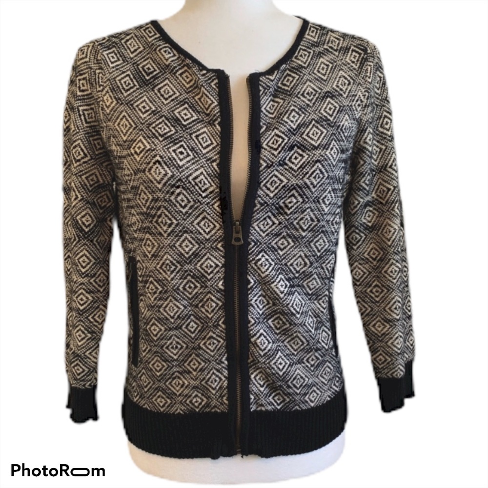 Lucky Brand Jaquard Bomber Zipper Cardigan, XS